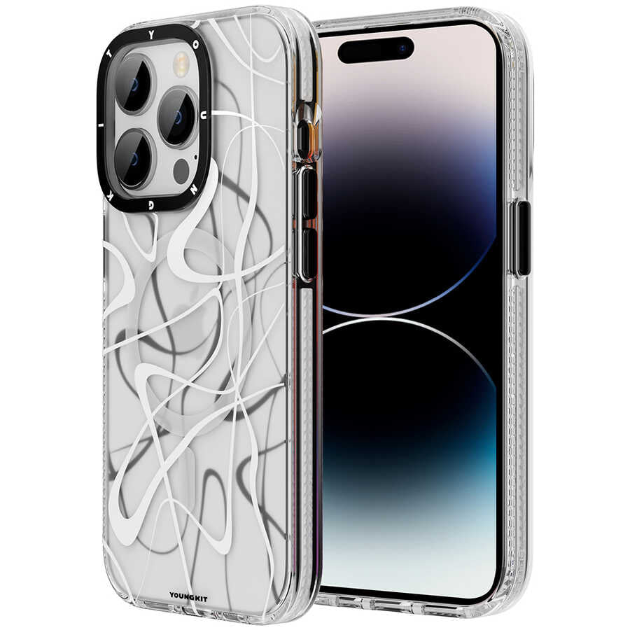Apple iPhone 14 Pro Max Kılıf M-safe Şarj Özellikli Youngkit Water-Ink Serisi Kapak Beyaz