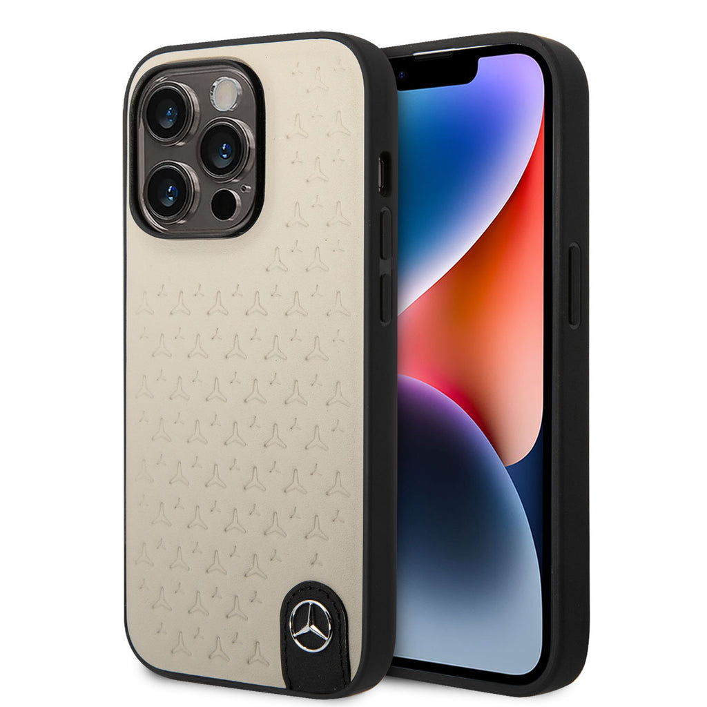 Apple iPhone 14 Pro Max Kılıf Mercedes Benz Hakiki Deri Yıldız Dizayn Kapak Gri