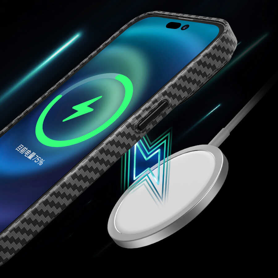 Apple iPhone 14 Pro Max Kılıf Wiwu Karbon Fiber Görünümlü M-safe Wireless Şarj Özellikli Kabon Kapak Siyah