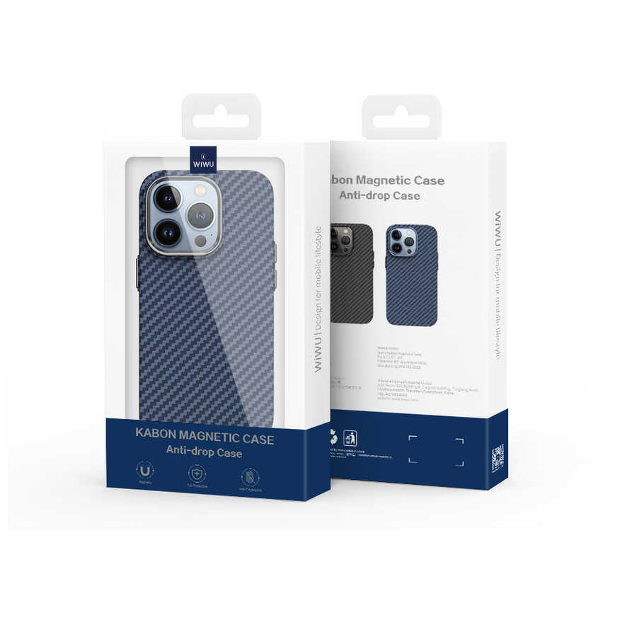 Apple iPhone 14 Pro Max Kılıf Wiwu Karbon Fiber Görünümlü M-safe Wireless Şarj Özellikli Kabon Kapak Mavi