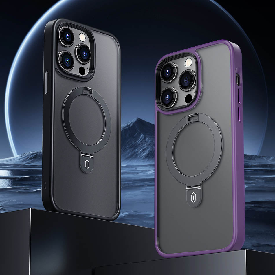 Apple iPhone 14 Pro Max Kılıf Wiwu ZMM-010 M-safe Şarj Özellikli Parmak İzi Bırakmayan Mat Transparan Standlı Kapak Derin Mor