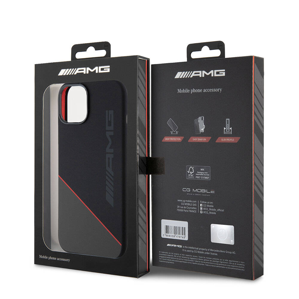 Apple iPhone 15 Kılıf AMG Orjinal Lisanslı M-safe Şarj Özellikli Silikon Kırmızı Çizgili Kapak Siyah