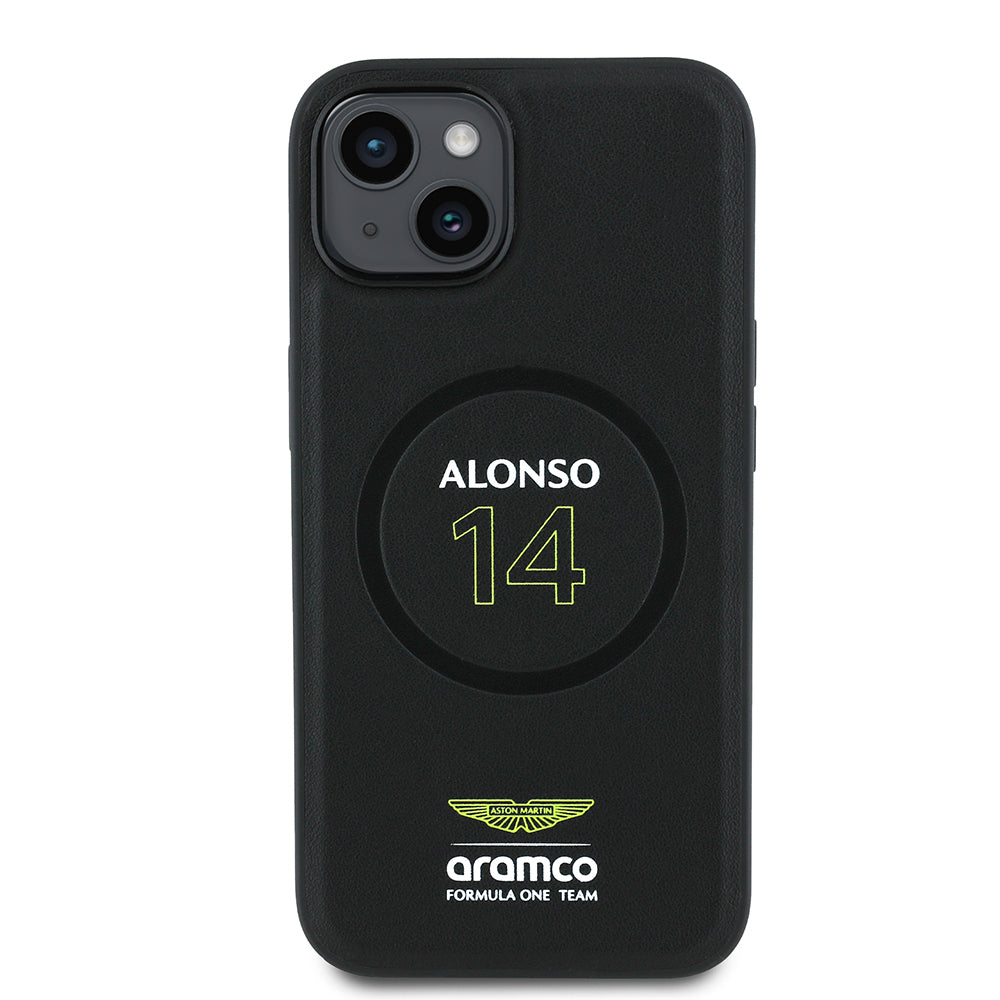 Apple iPhone 15 Kılıf Aston Martin Orjinal Lisanslı M-safe Şarj Özellikli PU Deri Alonso 14 Baskılı Kapak Siyah