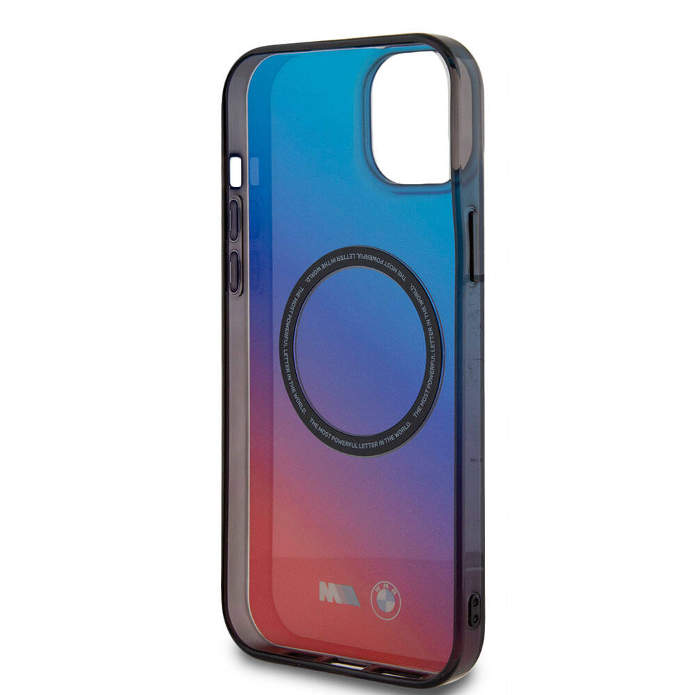 Apple iPhone 15 Kılıf BMW M-safe Şarj Özellikli Transparan Renk Geçişli Dizayn Orjinal Lisanslı Kapak Mavi-Kırmızı