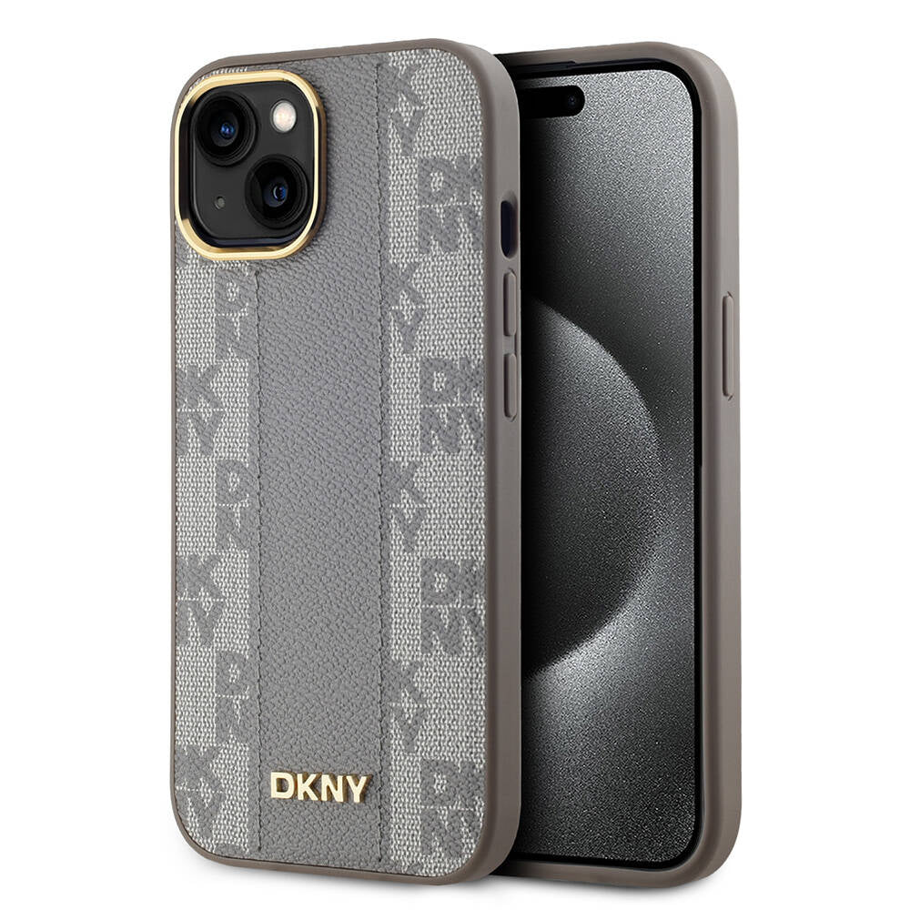 Apple iPhone 15 Kılıf DKNY Orjinal Lisanslı M-safe Şarj Özellikli 3D Yazılı Checkered Pattern Kapak Siyah