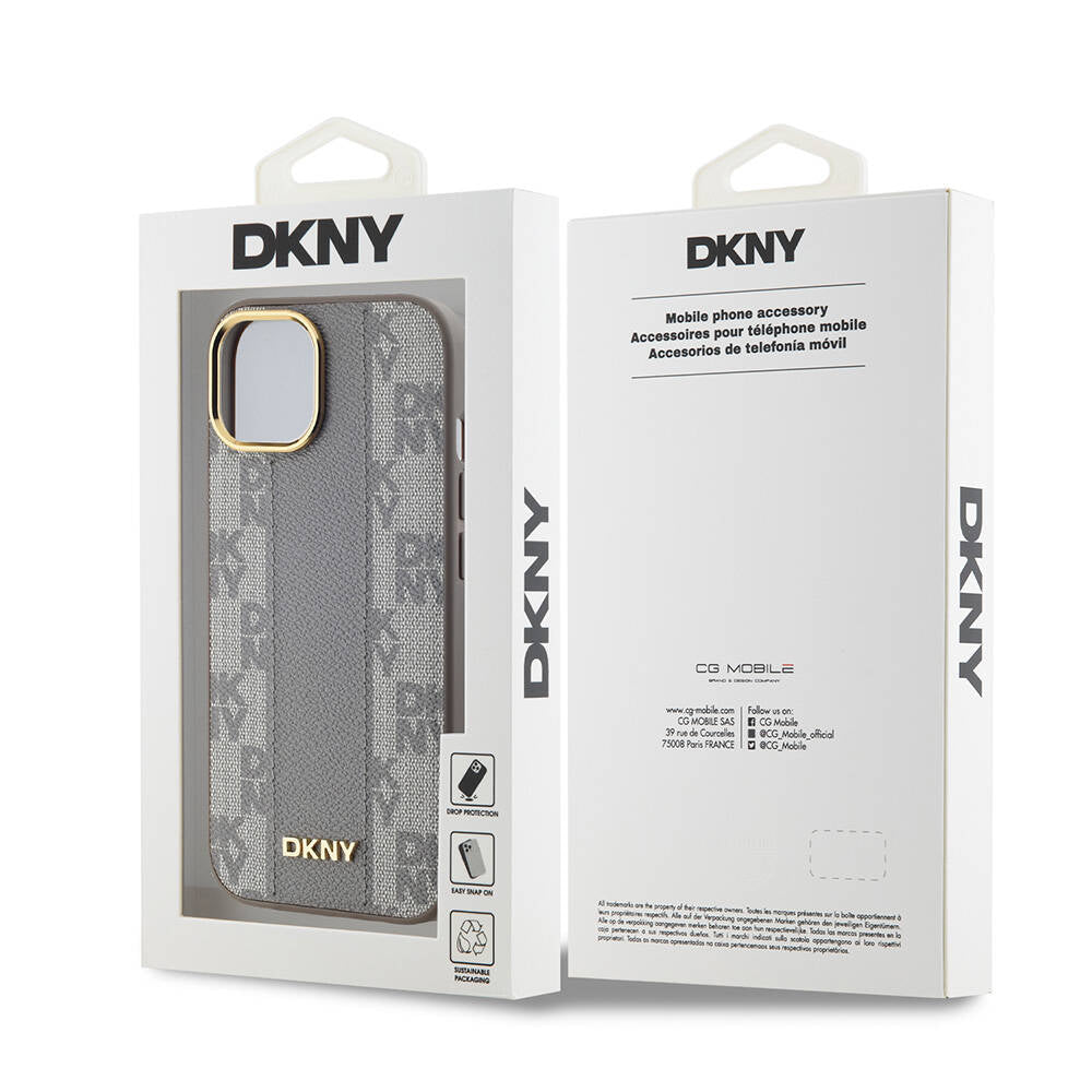 Apple iPhone 15 Kılıf DKNY Orjinal Lisanslı M-safe Şarj Özellikli 3D Yazılı Checkered Pattern Kapak Siyah