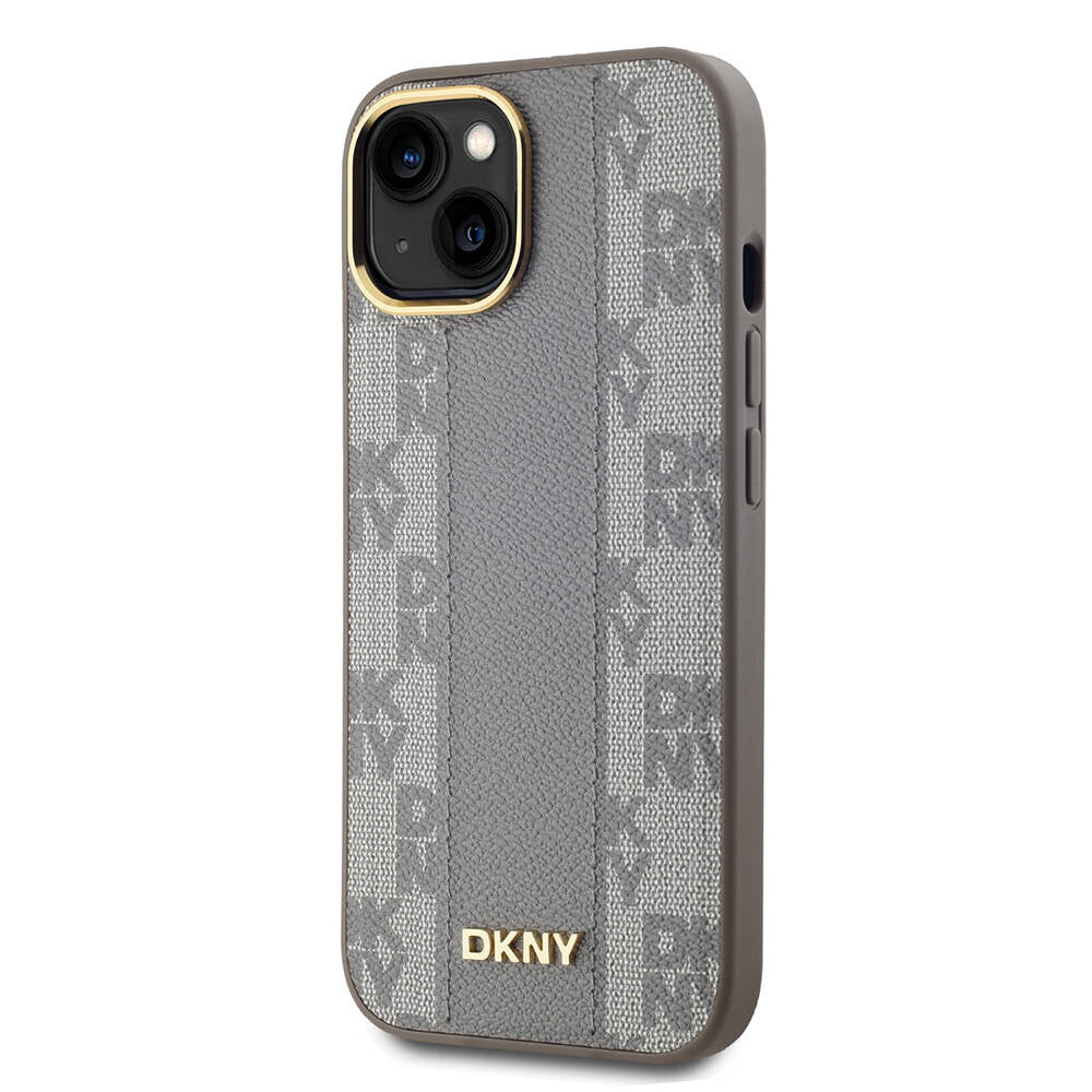 Apple iPhone 15 Kılıf DKNY Orjinal Lisanslı M-safe Şarj Özellikli 3D Yazılı Checkered Pattern Kapak Krem