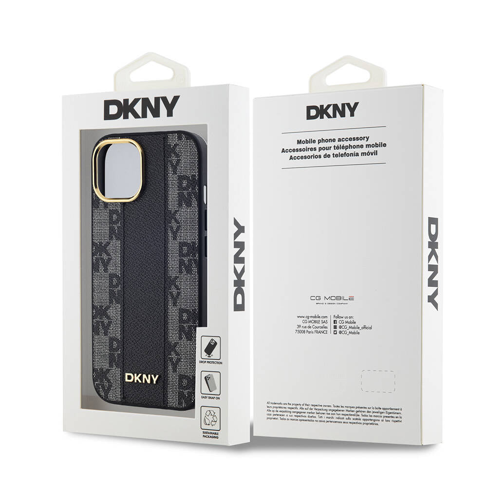Apple iPhone 15 Kılıf DKNY Orjinal Lisanslı M-safe Şarj Özellikli 3D Yazılı Checkered Pattern Kapak Krem