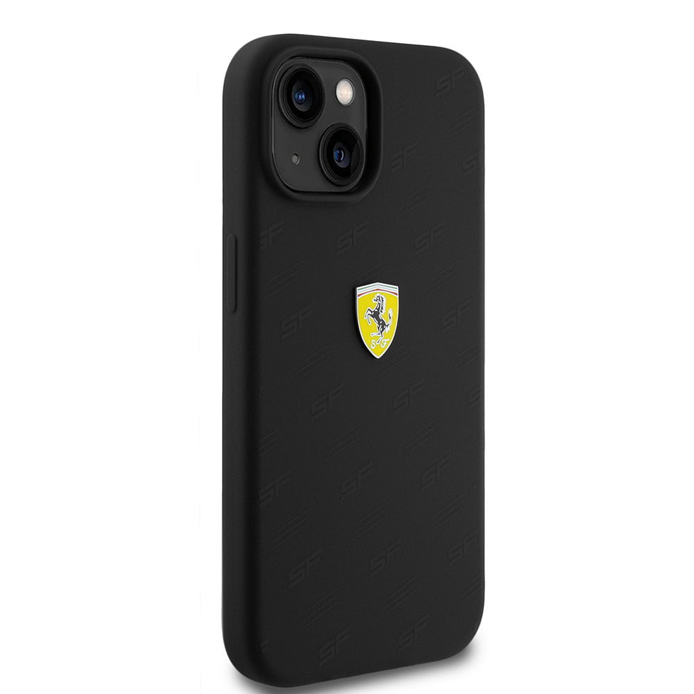 Apple iPhone 15 Kılıf Ferrari Orjinal Lisanslı Metal Logolu SF Yazılı Kapak Siyah