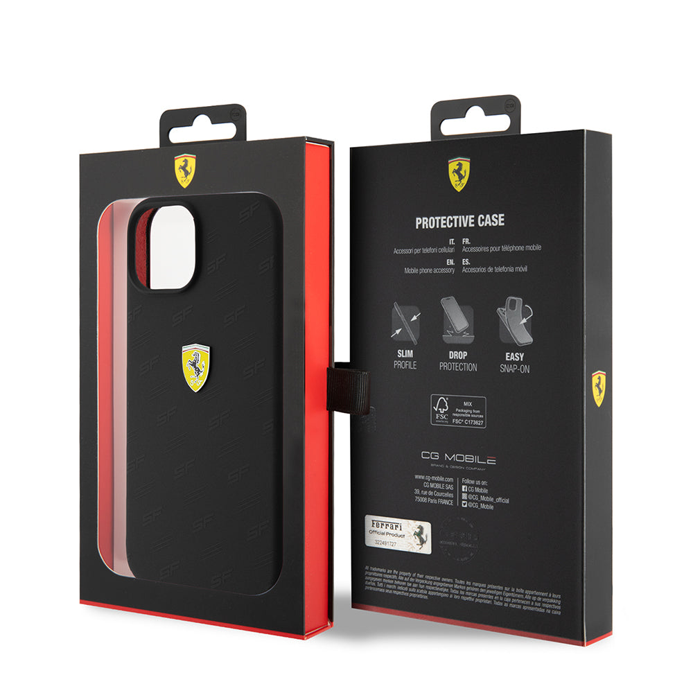 Apple iPhone 15 Kılıf Ferrari Orjinal Lisanslı Metal Logolu SF Yazılı Kapak Siyah