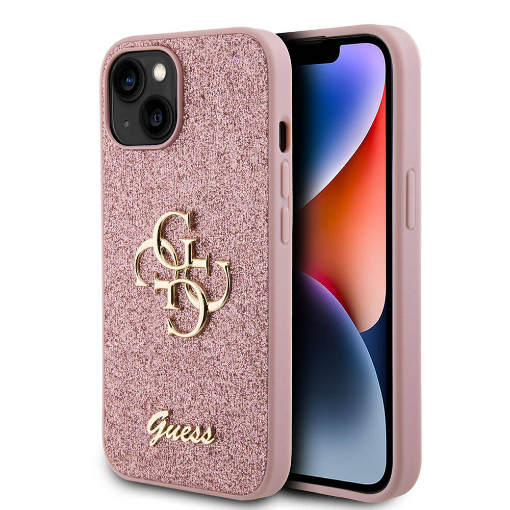 Apple iPhone 15 Kılıf Guess Orjinal Lisanslı 4G Büyük Metal Logolu Glitter Kapak Gold