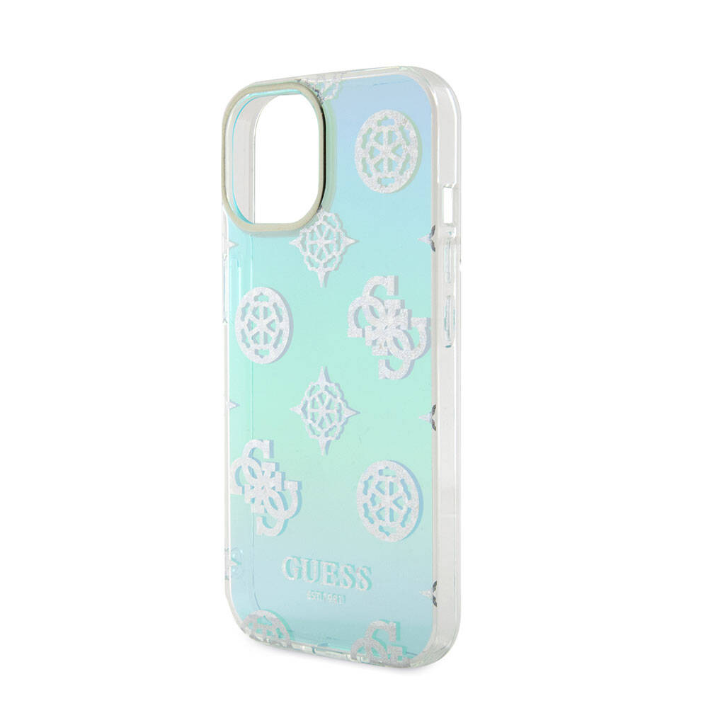 Apple iPhone 15 Kılıf Guess Orjinal Lisanslı Desenli Yazı Logolu Askı İpli Holografik Glitter Peony Kapak Pembe