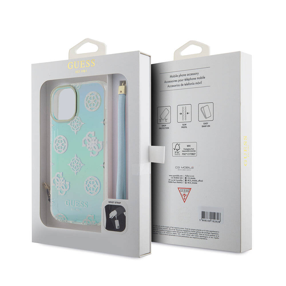 Apple iPhone 15 Kılıf Guess Orjinal Lisanslı Desenli Yazı Logolu Askı İpli Holografik Glitter Peony Kapak Turkuaz