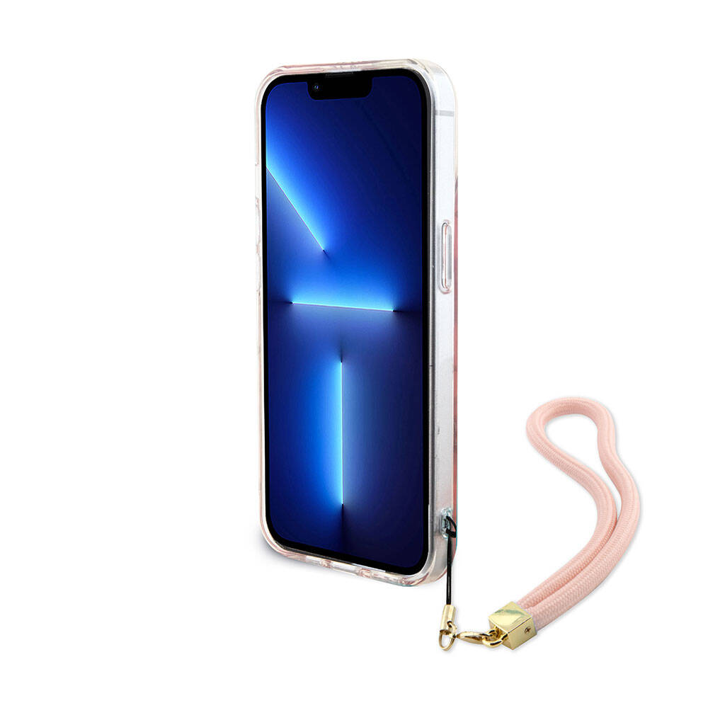 Apple iPhone 15 Kılıf Guess Orjinal Lisanslı Desenli Yazı Logolu Askı İpli Holografik Glitter Peony Kapak Pembe