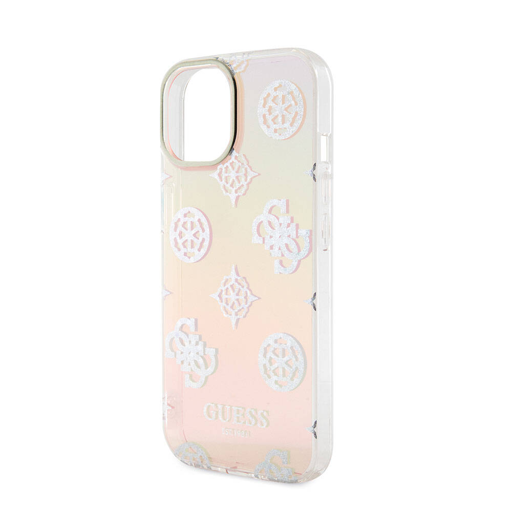 Apple iPhone 15 Kılıf Guess Orjinal Lisanslı Desenli Yazı Logolu Askı İpli Holografik Glitter Peony Kapak Pembe