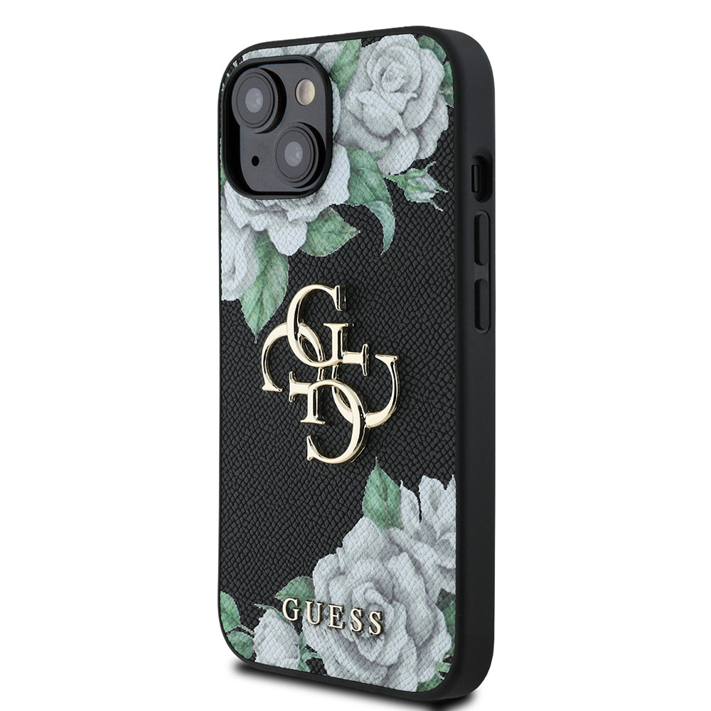 Apple iPhone 15 Kılıf Guess Orjinal Lisanslı Gül Baskılı Büyük Metal Logo Dizaynlı Kapak Siyah