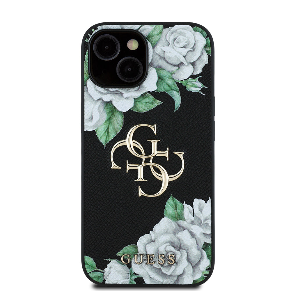 Apple iPhone 15 Kılıf Guess Orjinal Lisanslı Gül Baskılı Büyük Metal Logo Dizaynlı Kapak Pembe