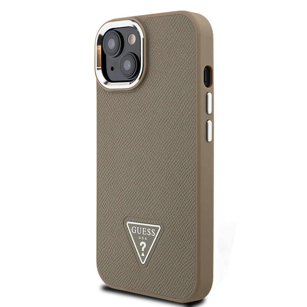 Apple iPhone 15 Kılıf Guess Orjinal Lisanslı M-safe Şarj Özellikli Grained Triangle Kapak Kahverengi
