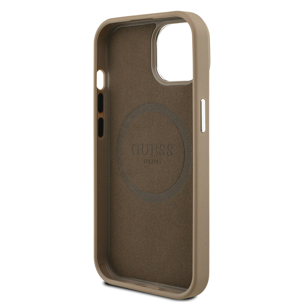 Apple iPhone 15 Kılıf Guess Orjinal Lisanslı M-safe Şarj Özellikli Grained Triangle Kapak Siyah