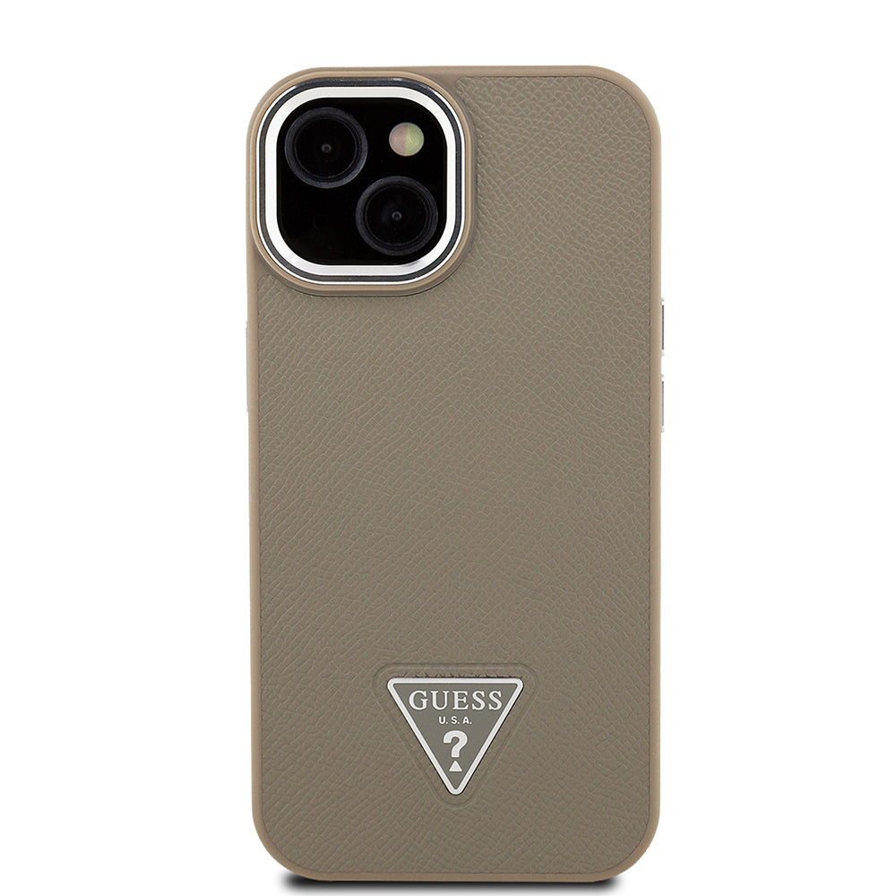Apple iPhone 15 Kılıf Guess Orjinal Lisanslı M-safe Şarj Özellikli Grained Triangle Kapak Kahverengi