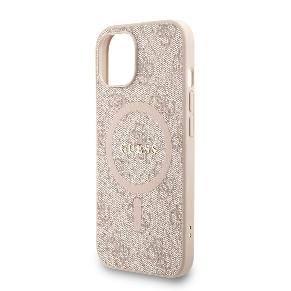 Apple iPhone 15 Kılıf Guess Orjinal Lisanslı M-safe Şarj Özellikli PU Deri Bilek Askı İpli Yazı Logolu Kapak Pembe