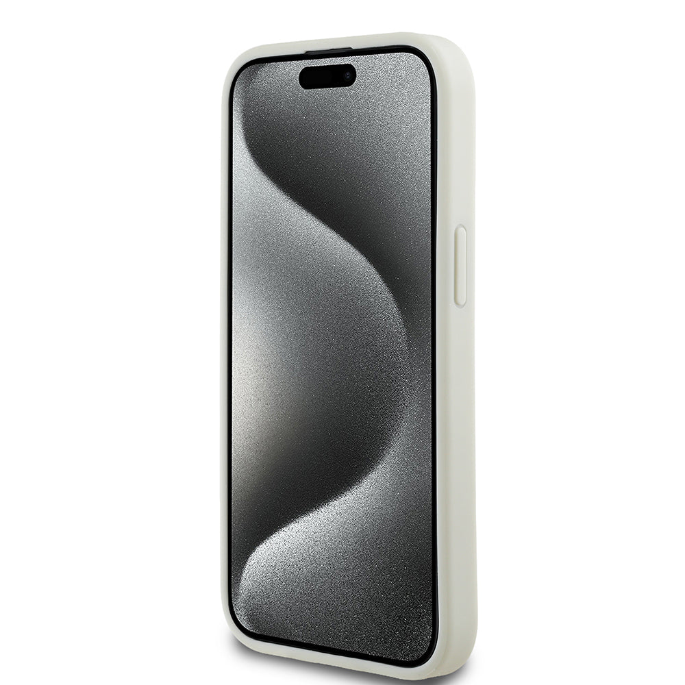 Apple iPhone 15 Kılıf Guess Orjinal Lisanslı M-safe Şarj Özellikli Sıcak Baskılı Üçgen Logolu PU Deri Peony Kapak Bej