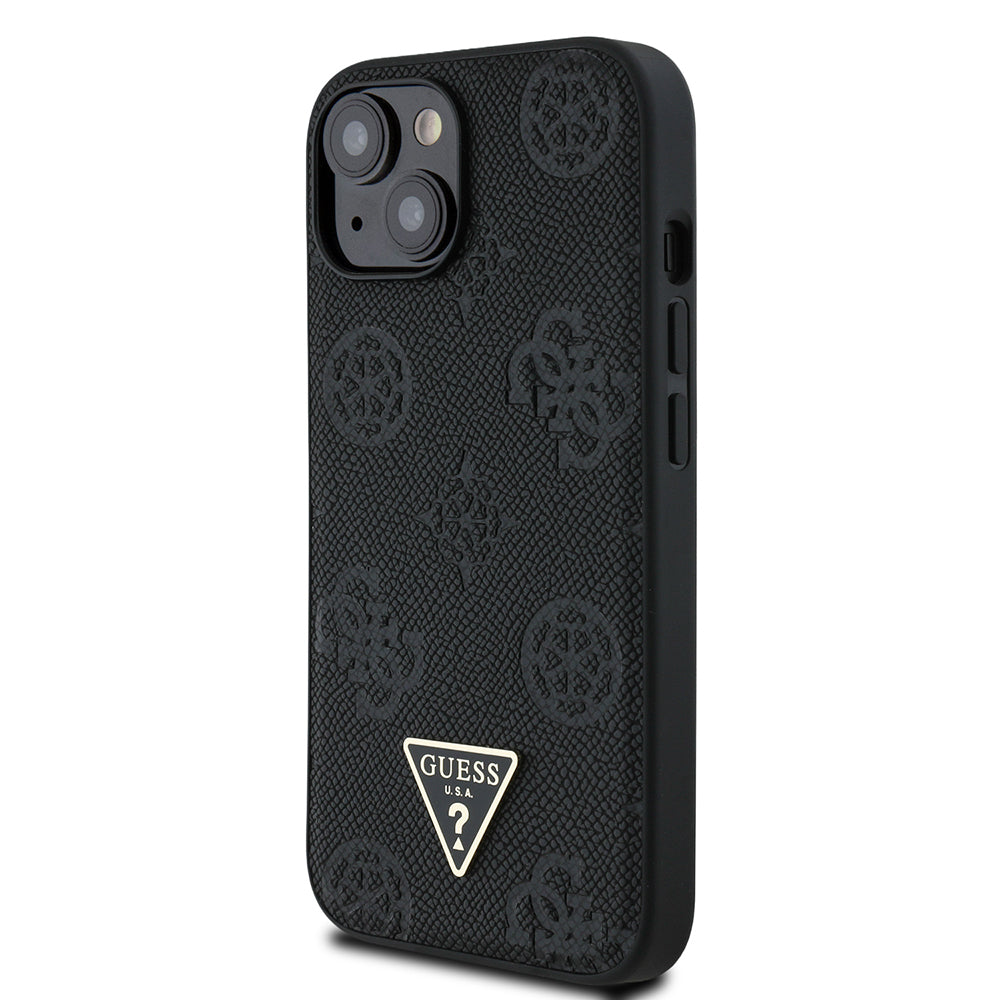 Apple iPhone 15 Kılıf Guess Orjinal Lisanslı M-safe Şarj Özellikli Sıcak Baskılı Üçgen Logolu PU Deri Peony Kapak Pembe