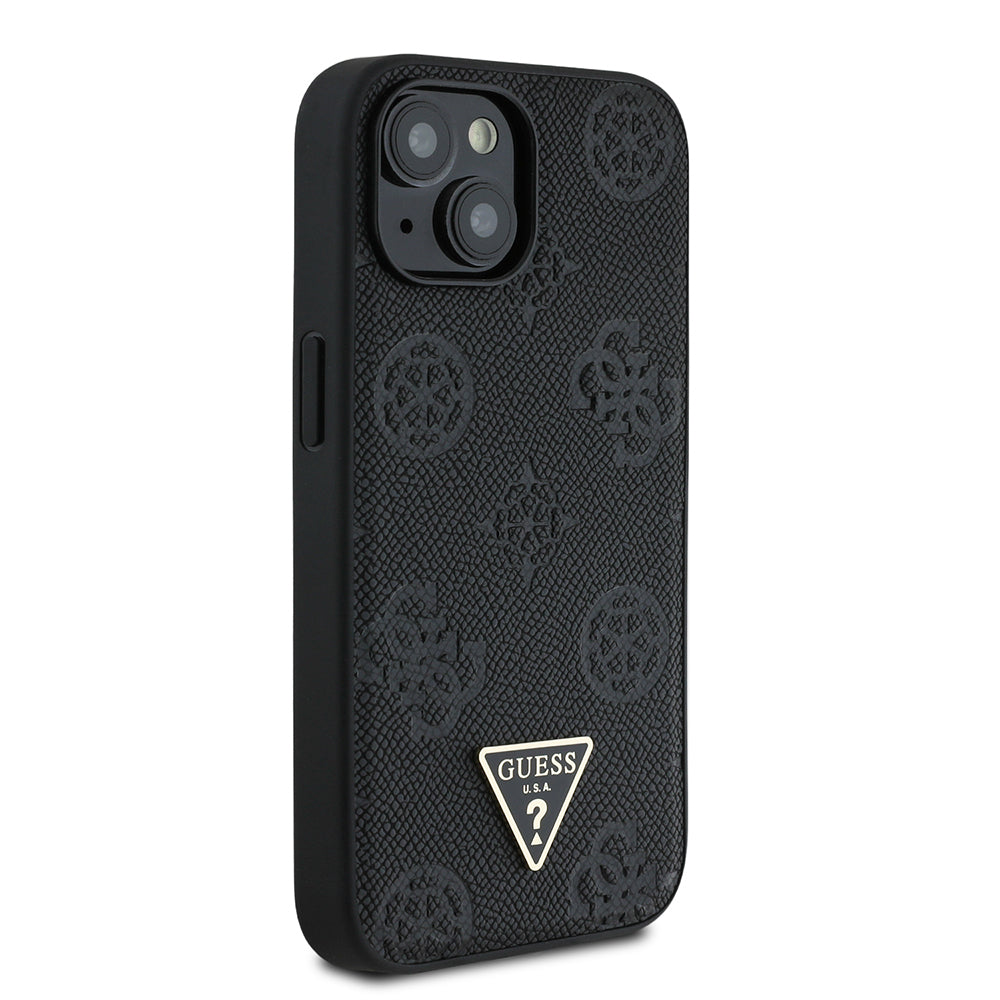 Apple iPhone 15 Kılıf Guess Orjinal Lisanslı M-safe Şarj Özellikli Sıcak Baskılı Üçgen Logolu PU Deri Peony Kapak Siyah