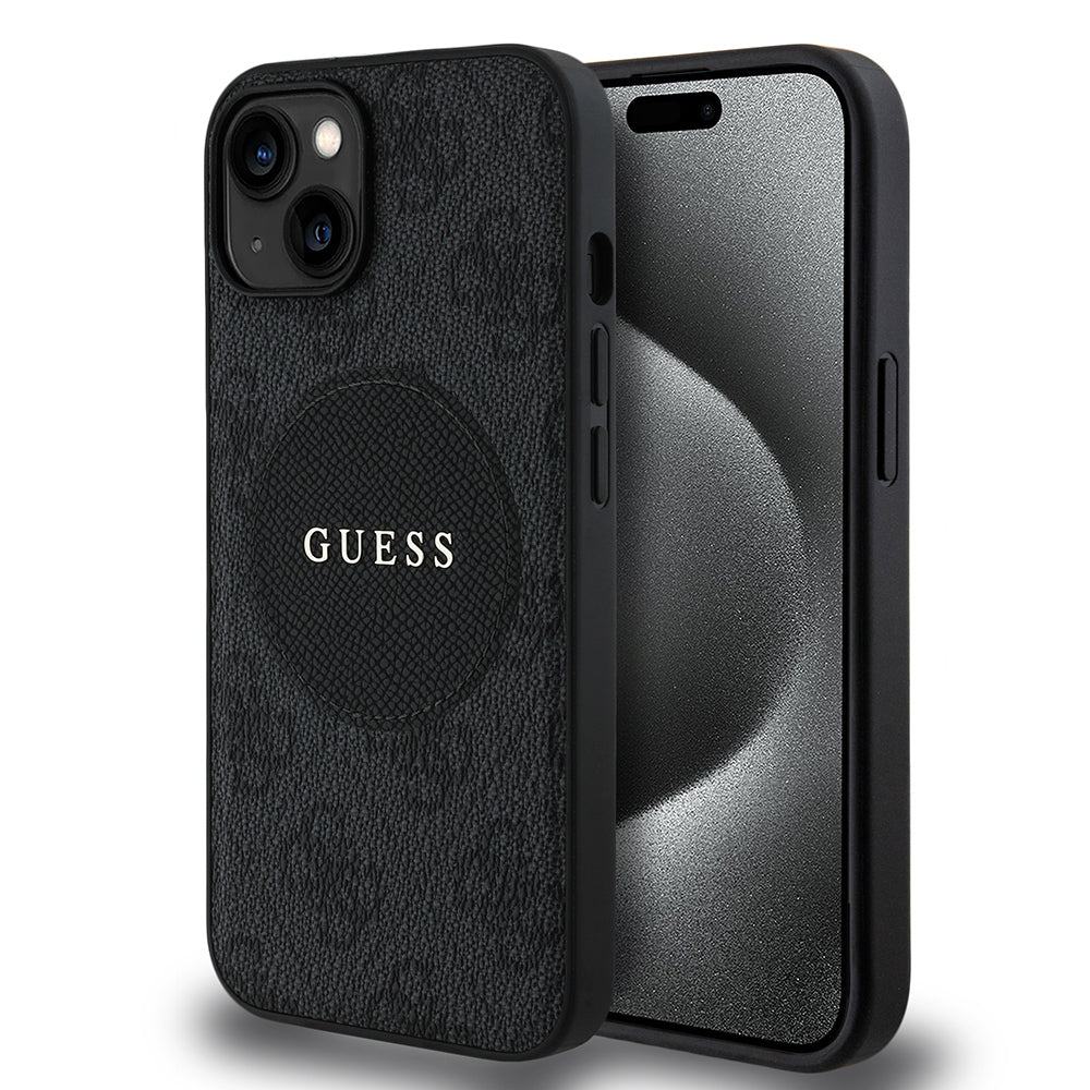 Apple iPhone 15 Kılıf Guess Orjinal Lisanslı M-safe Şarj Özellikli Yazı Logolu Circle Classic Kapak Kahverengi
