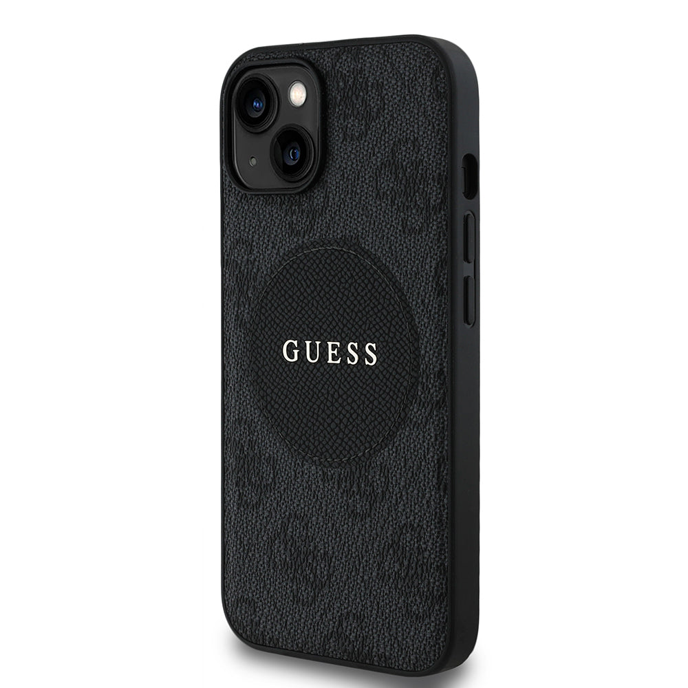 Apple iPhone 15 Kılıf Guess Orjinal Lisanslı M-safe Şarj Özellikli Yazı Logolu Circle Classic Kapak Kahverengi