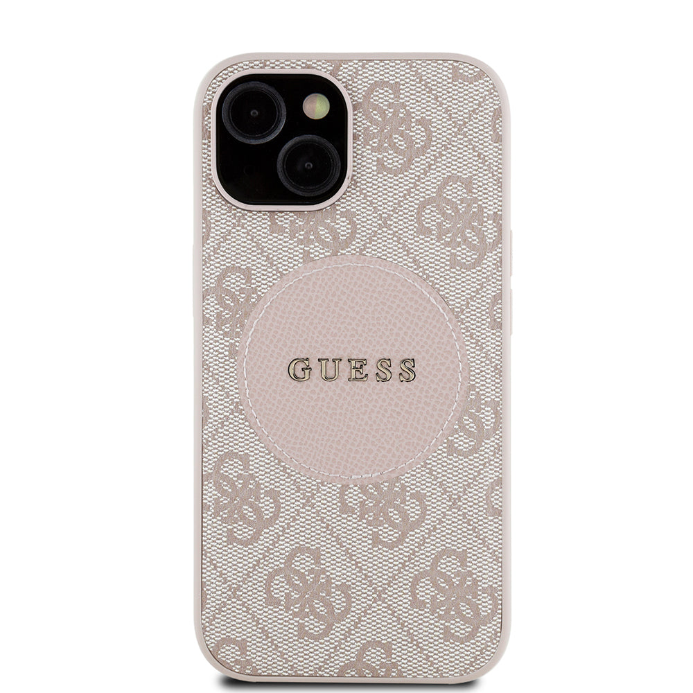 Apple iPhone 15 Kılıf Guess Orjinal Lisanslı M-safe Şarj Özellikli Yazı Logolu Circle Classic Kapak Pembe