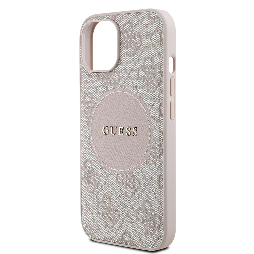 Apple iPhone 15 Kılıf Guess Orjinal Lisanslı M-safe Şarj Özellikli Yazı Logolu Circle Classic Kapak Pembe