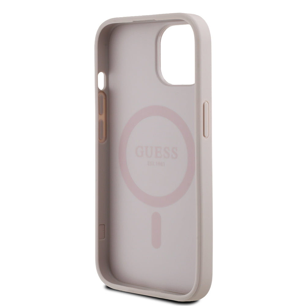 Apple iPhone 15 Kılıf Guess Orjinal Lisanslı M-safe Şarj Özellikli Yazı Logolu Circle Classic Kapak Pembe