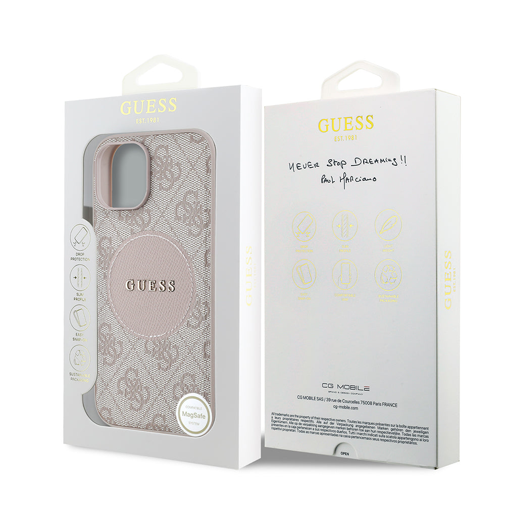 Apple iPhone 15 Kılıf Guess Orjinal Lisanslı M-safe Şarj Özellikli Yazı Logolu Circle Classic Kapak Kahverengi