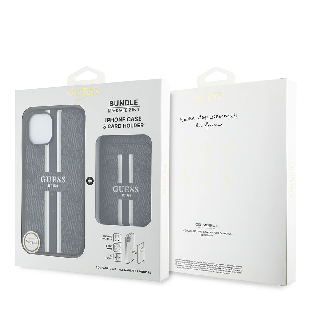 Apple iPhone 15 Kılıf Guess Orjinal Lisanslı M-safe Şarj Özellikli 4G Desenli Çizgili Kartlıklı Kapak Siyah