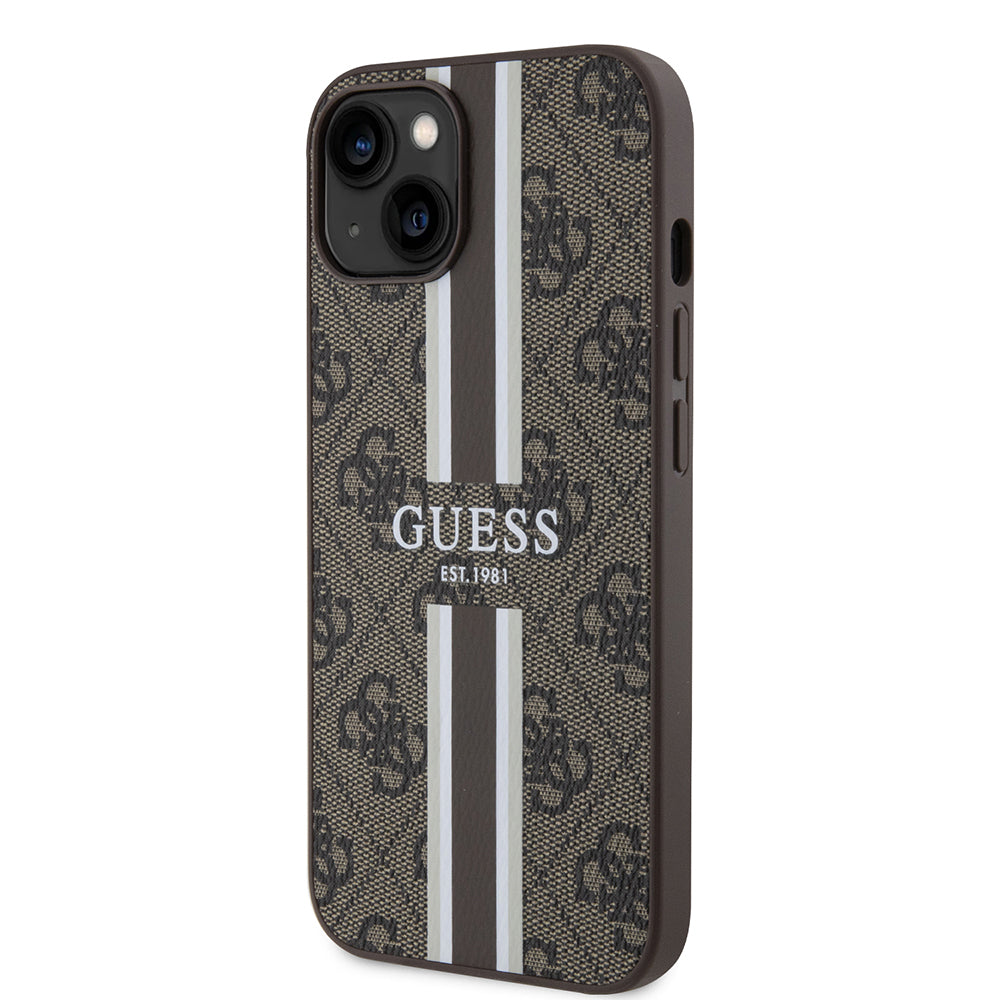 Apple iPhone 15 Kılıf Guess Orjinal Lisanslı M-safe Şarj Özellikli 4G Şerit Tasarımlı Printed Kapak Siyah