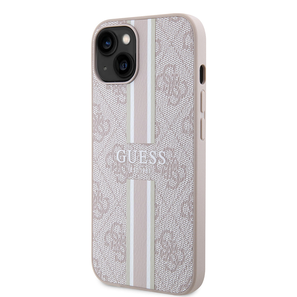 Apple iPhone 15 Kılıf Guess Orjinal Lisanslı M-safe Şarj Özellikli 4G Şerit Tasarımlı Printed Kapak Siyah