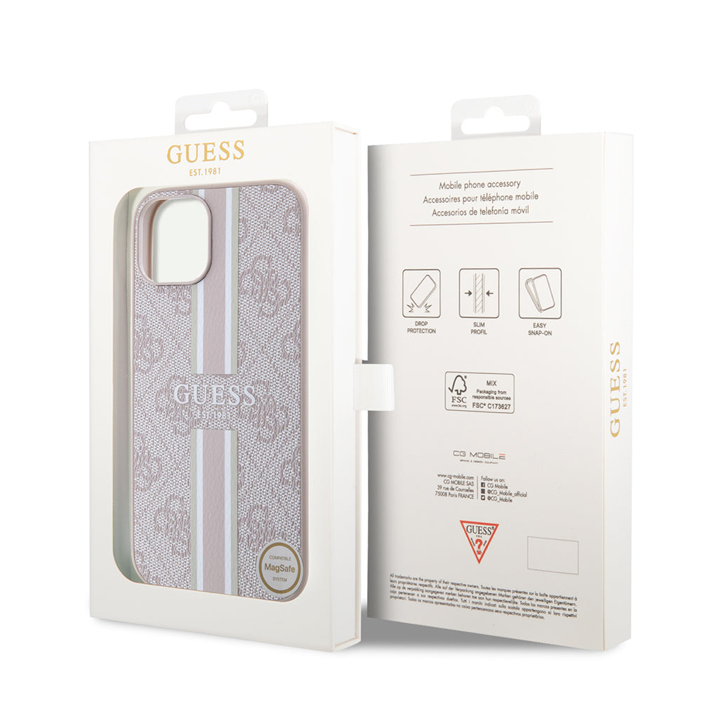 Apple iPhone 15 Kılıf Guess Orjinal Lisanslı M-safe Şarj Özellikli 4G Şerit Tasarımlı Printed Kapak Kahverengi