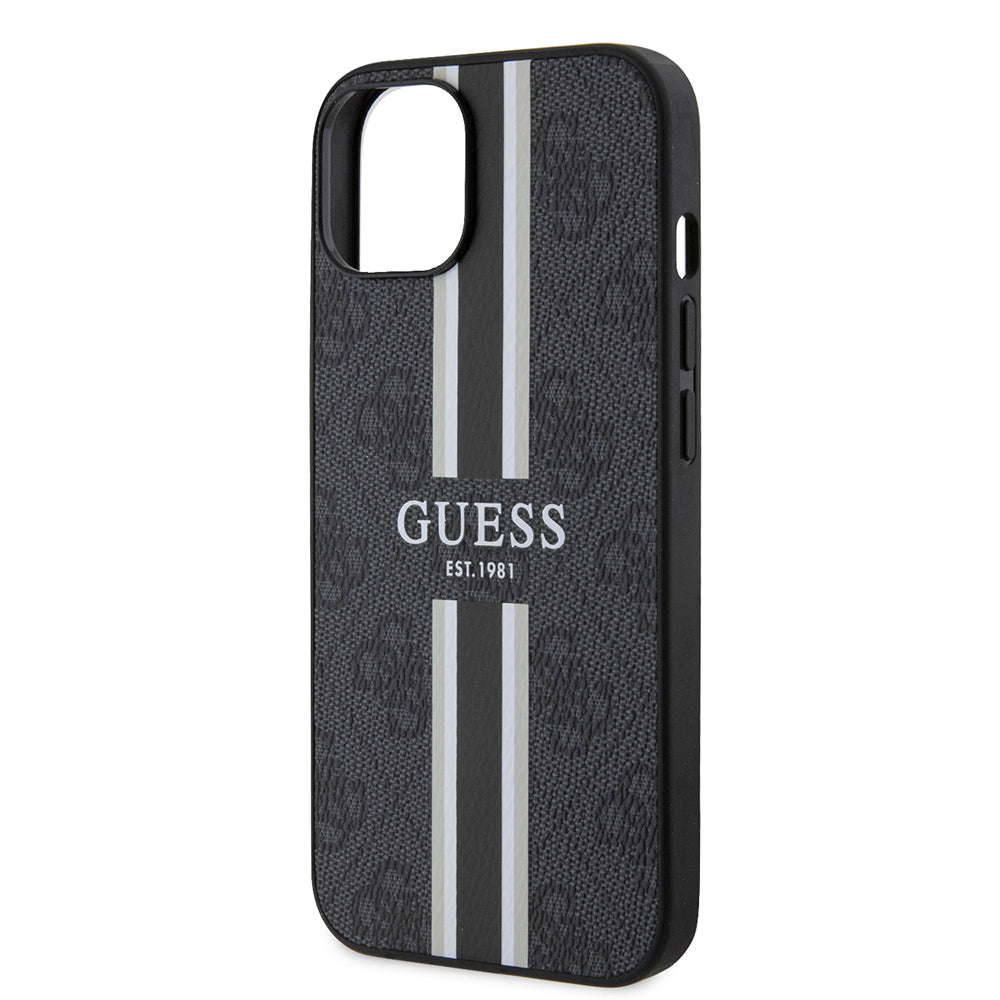 Apple iPhone 15 Kılıf Guess Orjinal Lisanslı M-safe Şarj Özellikli 4G Şerit Tasarımlı Printed Kapak Siyah