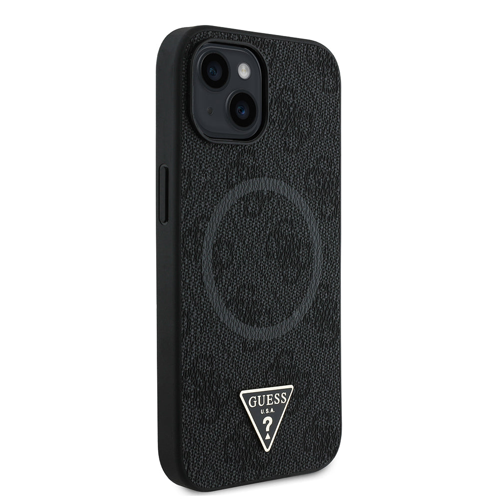 Apple iPhone 15 Kılıf Guess Orjinal Lisanslı M-safe Şarj Özellikli PU Üçgen Logo 4G Desenli Kapak Pembe