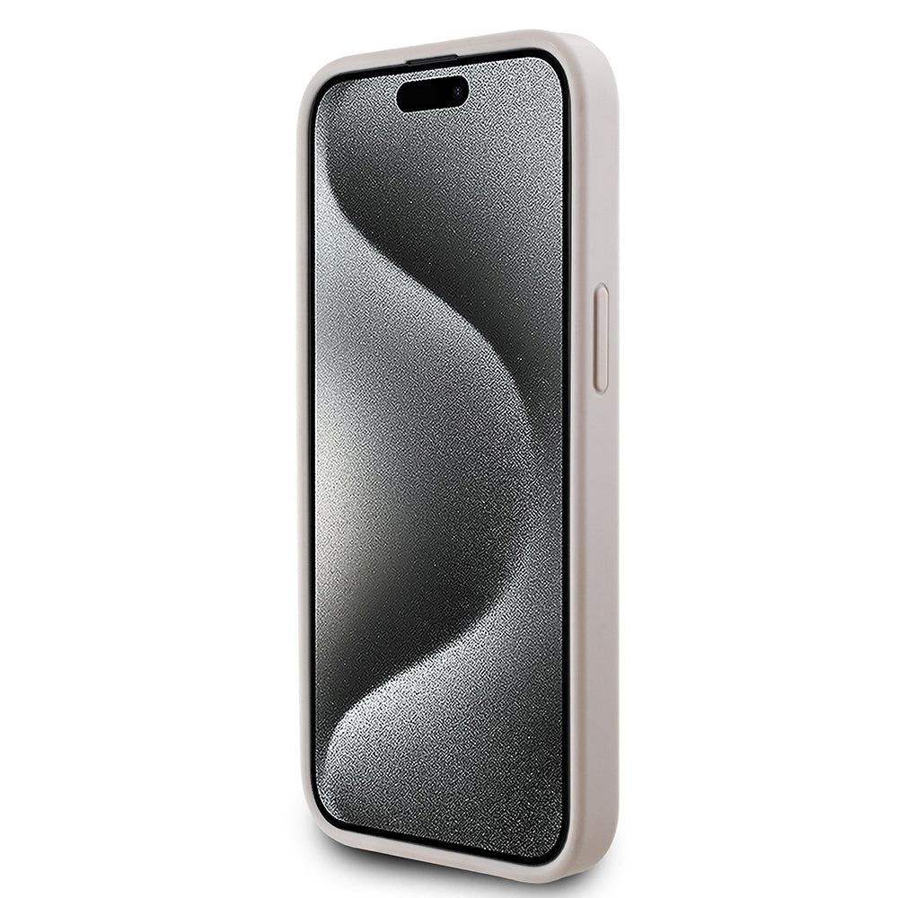 Apple iPhone 15 Kılıf Guess Orjinal Lisanslı M-safe Şarj Özellikli PU Üçgen Logo 4G Desenli Kapak Siyah