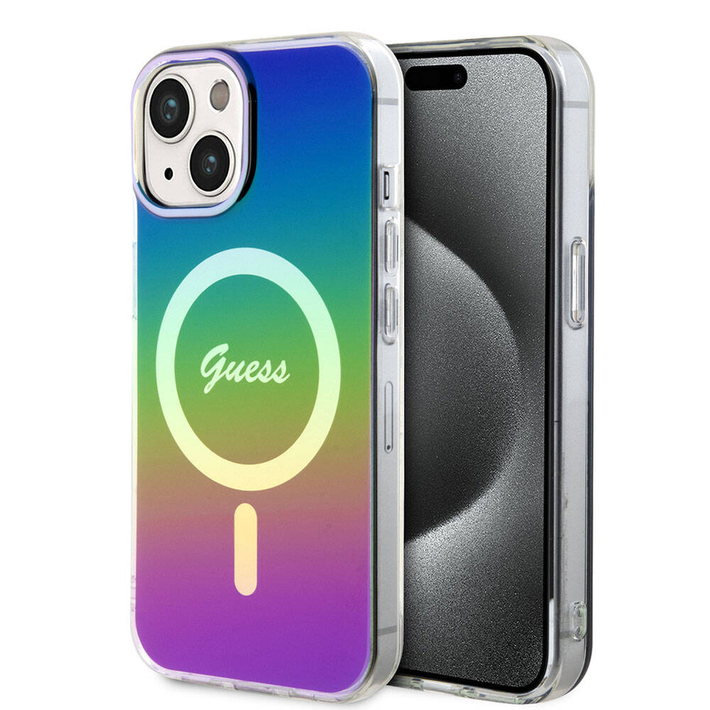 Apple iPhone 15 Kılıf Guess Orjinal Lisanslı M-safe Şarj Özellikli Yazı Logolu Iridescent Kapak Mor