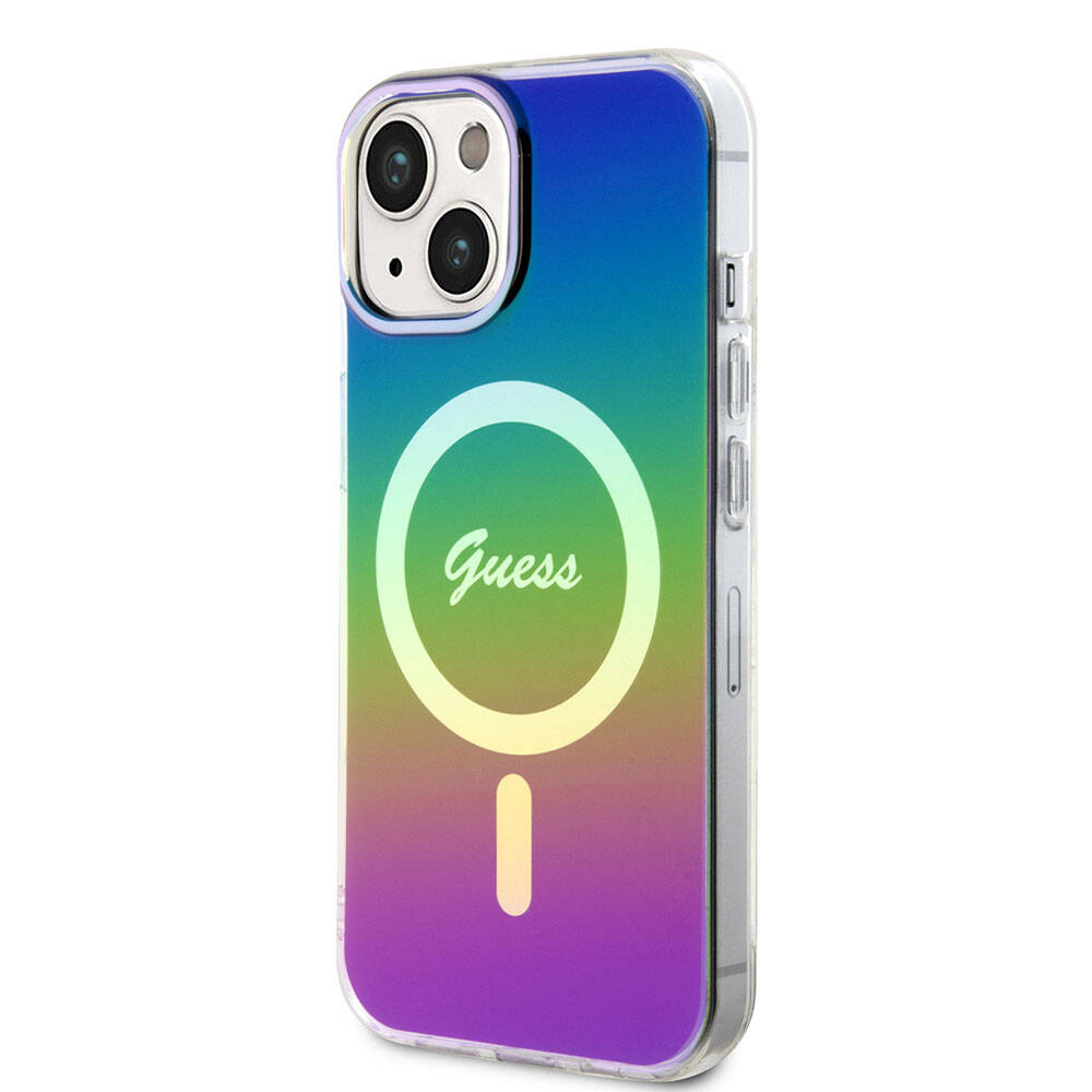 Apple iPhone 15 Kılıf Guess Orjinal Lisanslı M-safe Şarj Özellikli Yazı Logolu Iridescent Kapak Pembe