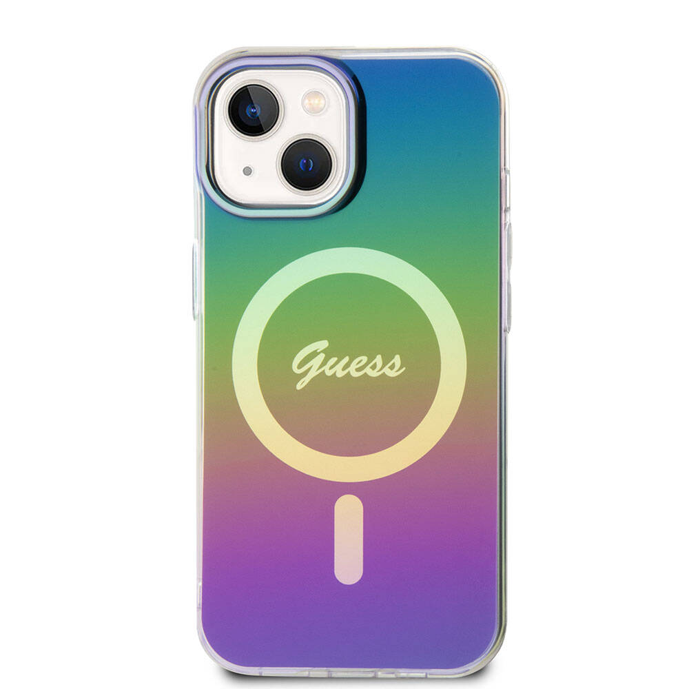 Apple iPhone 15 Kılıf Guess Orjinal Lisanslı M-safe Şarj Özellikli Yazı Logolu Iridescent Kapak Turkuaz