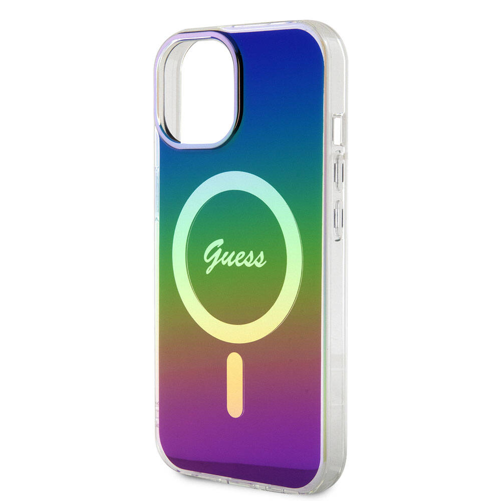 Apple iPhone 15 Kılıf Guess Orjinal Lisanslı M-safe Şarj Özellikli Yazı Logolu Iridescent Kapak Pembe