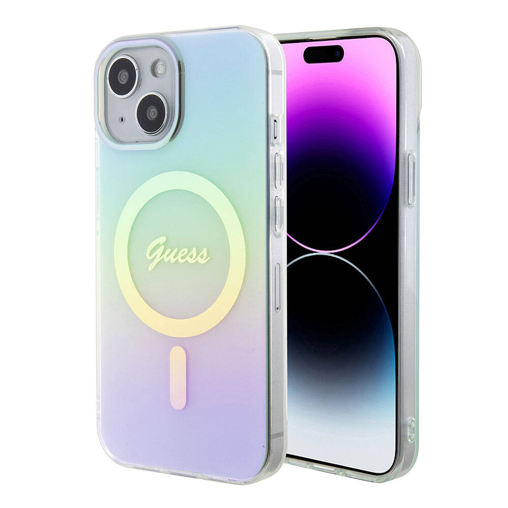 Apple iPhone 15 Kılıf Guess Orjinal Lisanslı M-safe Şarj Özellikli Yazı Logolu Iridescent Kapak Pembe