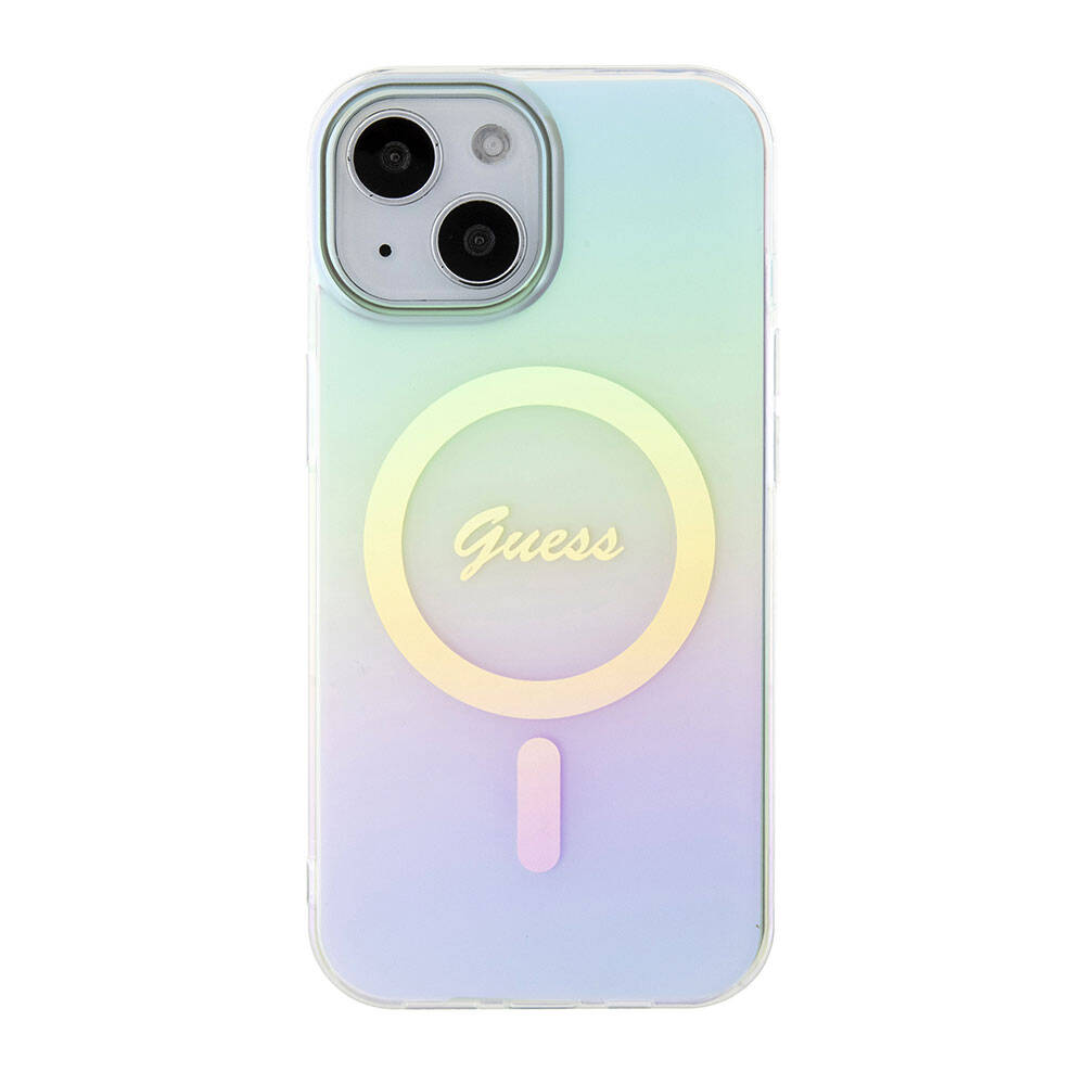 Apple iPhone 15 Kılıf Guess Orjinal Lisanslı M-safe Şarj Özellikli Yazı Logolu Iridescent Kapak Pembe