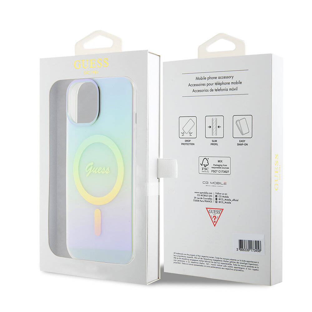Apple iPhone 15 Kılıf Guess Orjinal Lisanslı M-safe Şarj Özellikli Yazı Logolu Iridescent Kapak Siyah