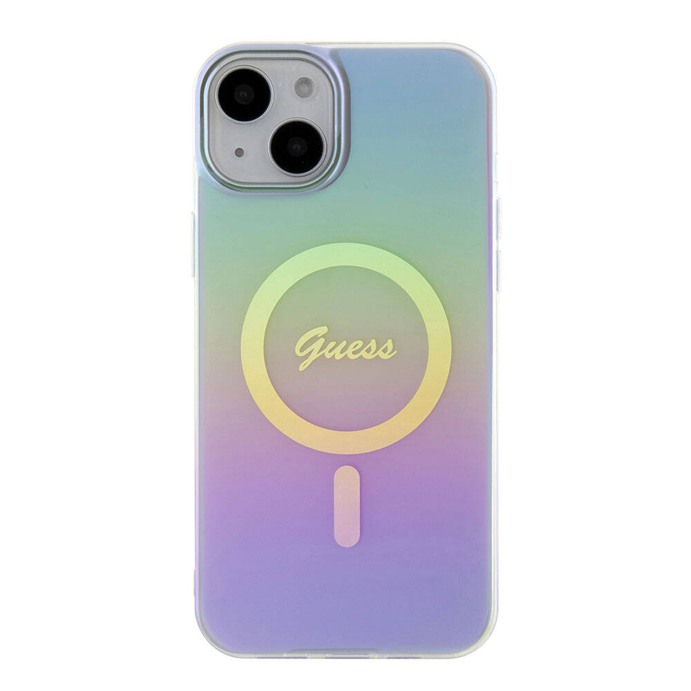 Apple iPhone 15 Kılıf Guess Orjinal Lisanslı M-safe Şarj Özellikli Yazı Logolu Iridescent Kapak Mor