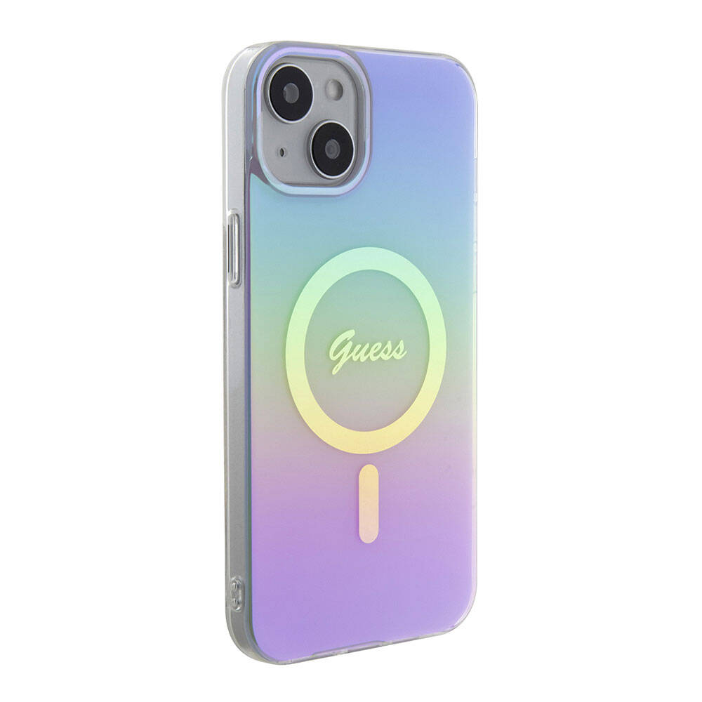 Apple iPhone 15 Kılıf Guess Orjinal Lisanslı M-safe Şarj Özellikli Yazı Logolu Iridescent Kapak Mor